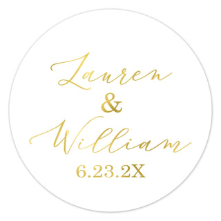 a white and gold wedding sticker with the words lauren and william on it