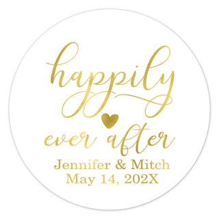 a round sticker with the words happily ever after on it